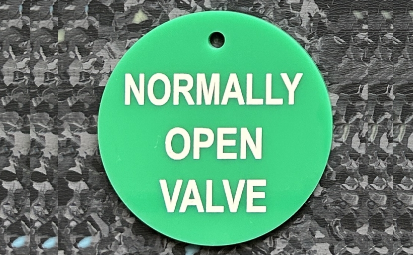Engraved acrylic tags with color infill for normally open and normally closed valve control identification